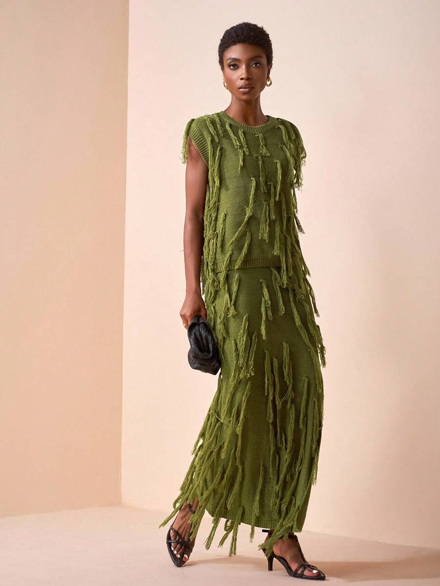 Set in Maglia con Frange - Top Senza Maniche e Gonna Lunga con Spacco Domiina